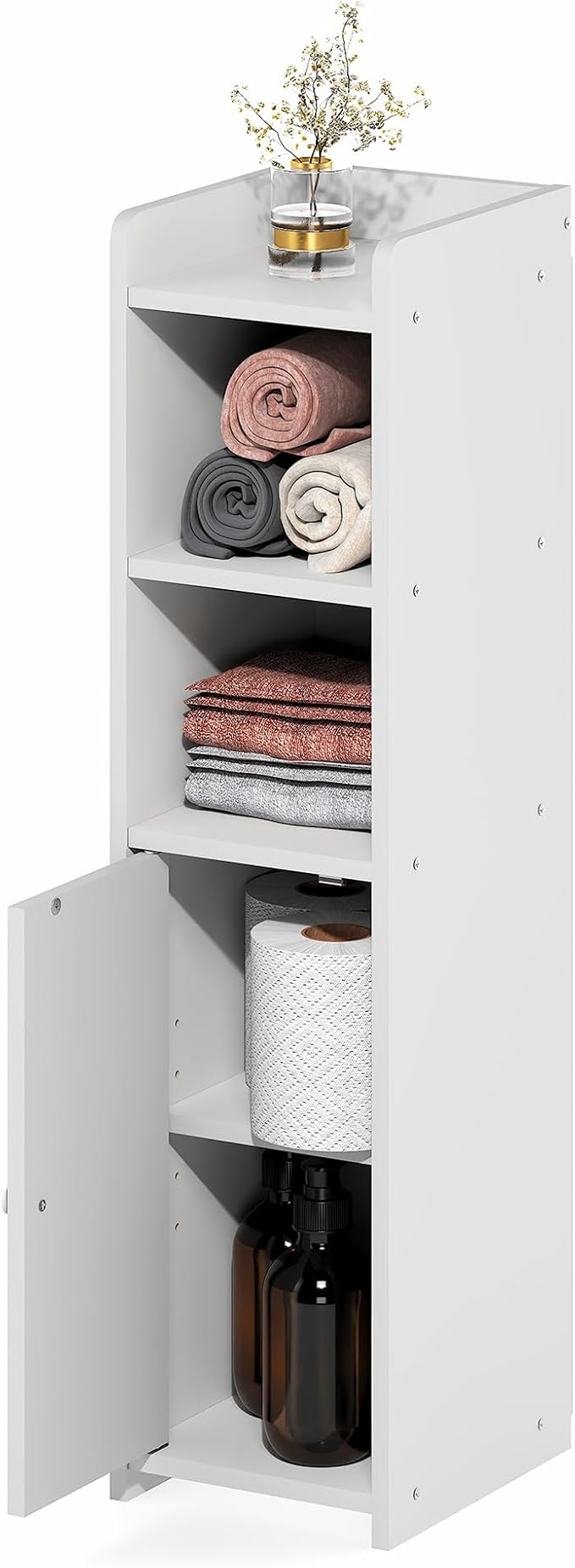Furinno Fulda Bathroom Storage Cabinet, 5-Tier Bathroom Cabinet, Narrow Cabinet with Door and Adjustable Shelves, 32H, for Small Spaces, Bathroom, Living Room, Entryway, White