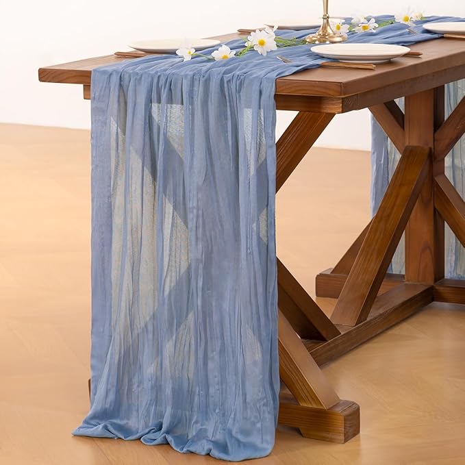 Socomi 3pcs Dusty Blue Easter Spring Cheesecloth Table Runner Boho Rustic Gauze 120 inch 10FT Cheese Cloth Runner for Wedding Party Baby Shower Birthday Home Decor Holiday Decorations