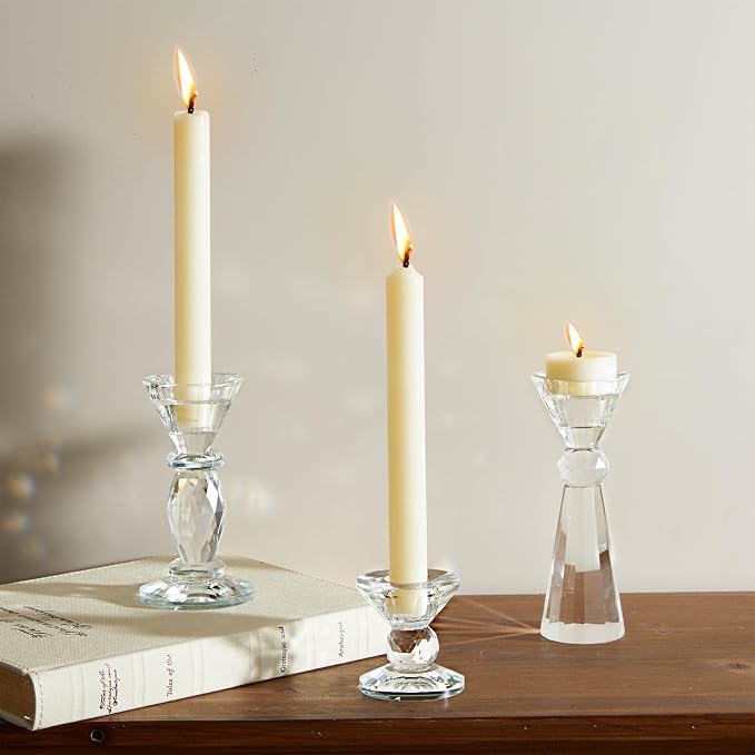DN DECONATION Glass Candle Holder 3 Pcs, Clear Crystal Candlestick Holders | Tealight Candle Holders, Aesthetic Home Decor for Table Centerpiece, Wedding Decorations, Housewarming Gift, Living Room