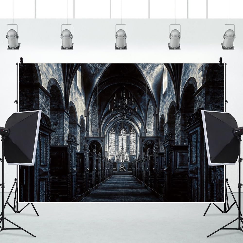 ChloropLastid 15x8ft Scary Church Halloween Backdrop Dark Black Horror Gothic Medieval Castle Interior Photography Background Halloween Night Carnival Theme Party Decor Banner Photo Studio Props