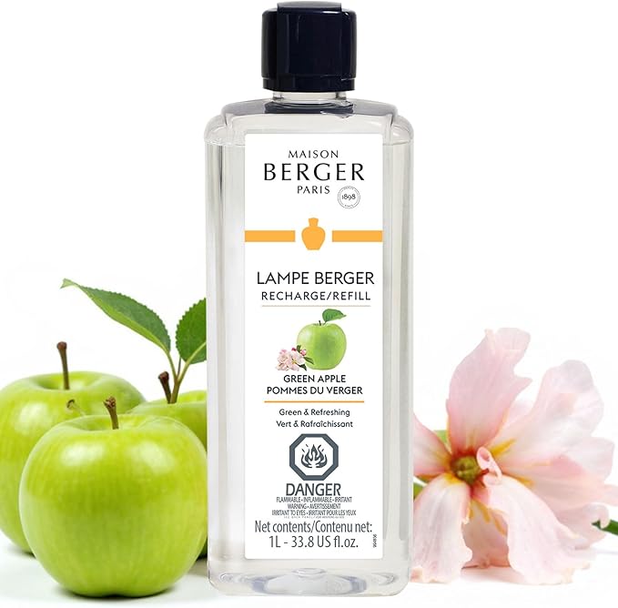 Maison Berger Green Apple Lampe Berger Refill, 1 Liter (33.8 fl oz), 2-in-1 Catalytic System, Neutralizes Odors and Diffuses Fragrance, Green Apple, Fresh Notes, Made in France