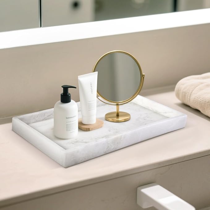Real Natural Marble Tray, 11.7" x 7.8" Decorative Vanity Tray for Bathroom Countertop, Kitchen Counter, or Catchall, White Coffee Table Tray for Jewelry, Perfume, Candles, Office, Home Decor