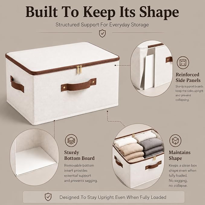 Tuza 3 Pcs Rigid Storage Bins with Zipper Lid, Cotton Linen Fabric Storage Boxes, Foldable Shelves Clothes Storage Cubes with Handles for Wardrobe, Closet(Beige, 25L)