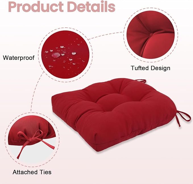 idee-home Outdoor Chair Cushions Set of 2, Patio Seat Cushions | Tufted Thick 17 x 17 x 5 Inch Cushions for Outdoor Furniture Waterproof with Ties, Dining Pads Dark Cerulean