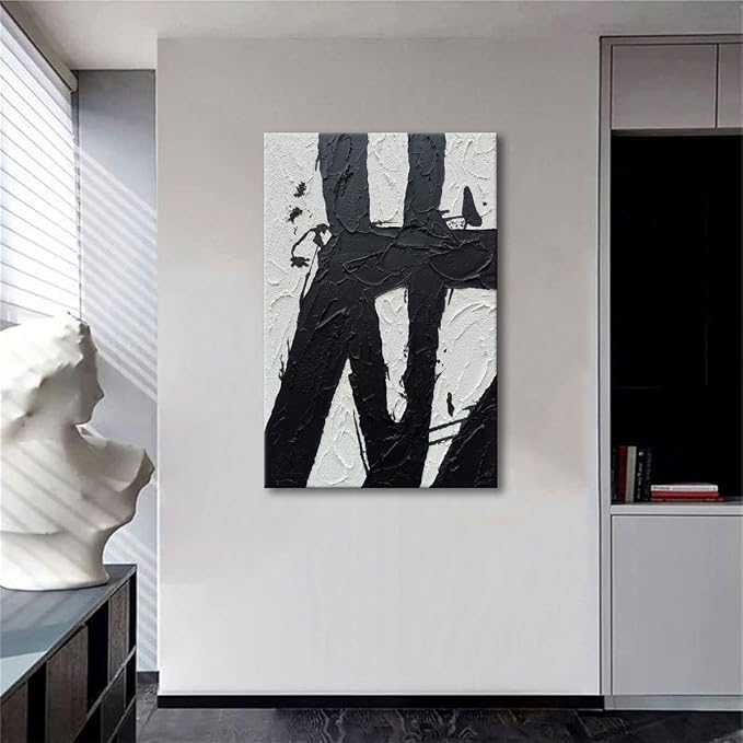 Hand Painted Black and White 24x36 Wall Art, Black and White Paintings Vertica Texture Abstract Wall Canvas Contemporary Art Minimalist Home Decorations Framed Artwork Wall