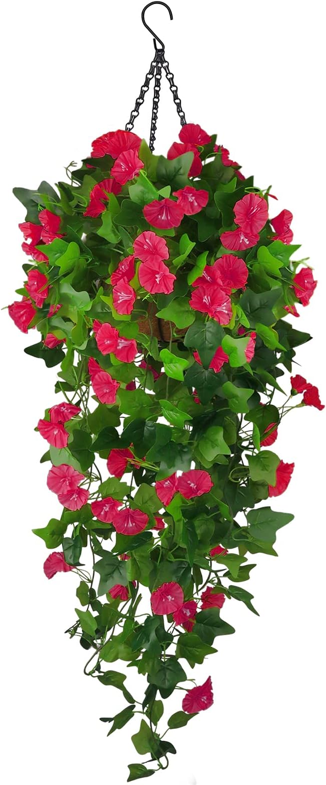 Artificial Fake Hanging Flowers Plants Basket for Spring Outdoor Outside Decoration, UV Resistant Faux Plastic Fabric Flower Morning Glory Wisteria Petunia for Garden Porch Patio Balcony Yard Decor