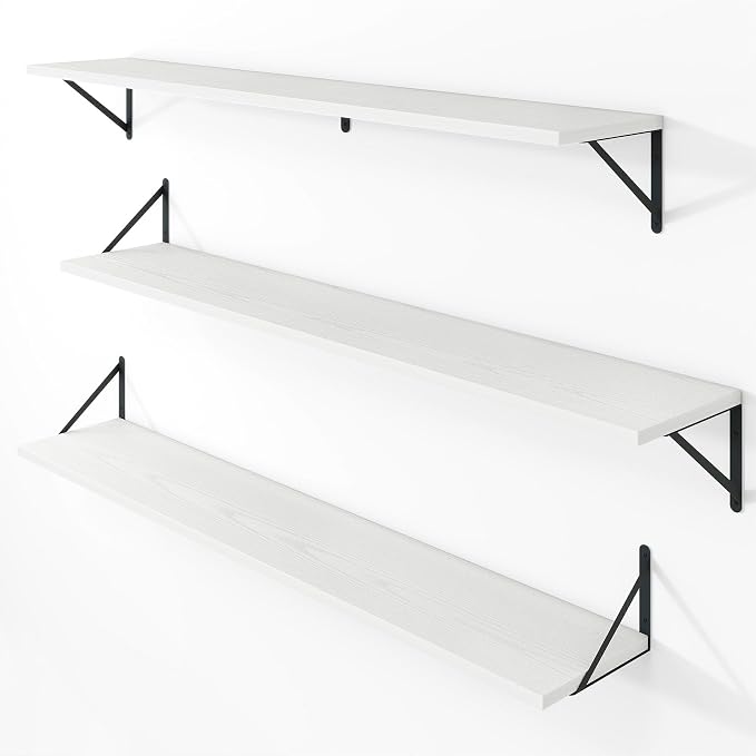 Vivelove White Deep Floating Shelves for Wall, 48W x 8D Wood Wall Shelves Set of 3, Wide Floating Bookshelf for Living Room, Kitchen, Office, Bedroom and Decor Storage, with Black Bracket - White