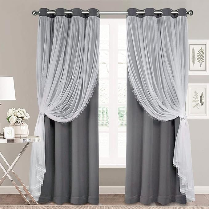 Dark Grey Blackout Curtains for Bedroom, Nursery - 84 inch Length Double Layers and Sheer with Lace Hem Luxury Window Curtain & Drapes Panels for Living Room with Extra Tie-Backs, 2 PCs