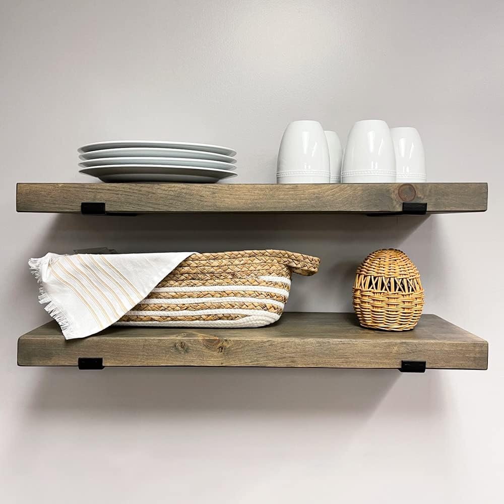 Rustic Shelves with J-Brackets Set of 2, Industrial Shelf, Kitchen Shelves, Solid Wood, Decorative Wall Storage, Heavy Duty, URBANDI (Grey, 36Wx12D)