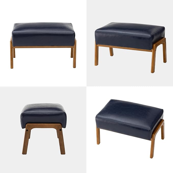 Glitzhome Foot Stool, Leatherette Wooden Step Stool, Modern Rectangle Ottoman Wide Vanity Stool with Cushion for Couch Living Room Bedroom Entryway, Navy Blue