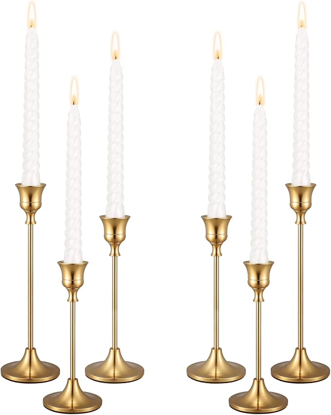Brass Gold Taper Candle Holders Set of 6, Wedding Table Mantel Decor | Aluminum Alloy, Brushed Plating, Rust Proof, Non-Slip Base, 6 Pcs 3 Sizes, Fits 0.75" Taper LED Candles, Easy Assemble, Gift