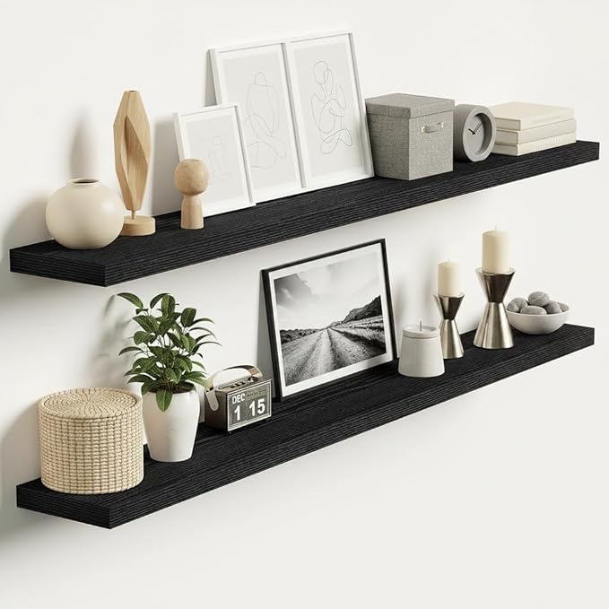 Vivelove 55 Inch Floating Shelves, Deep Wall Shelves with Invisible Brackets, Display Shlf for Bathroom Living Room Kitchen Bedroom Office Farmhouse Home Decor, 55" X 9.3" X 1.5" - Set of 2, Black