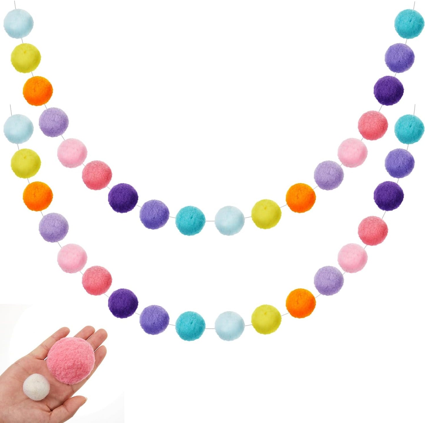 Boao 2 Pcs 2 Inch Large Pastel Colorful Pom Pom Garland 13 ft Long Felt Ball Rainbow Banner 36 Balls for Classroom, Christmas, Mantle Decor, Easter Tree Ornaments, Baby Shower Party Hanging Decor