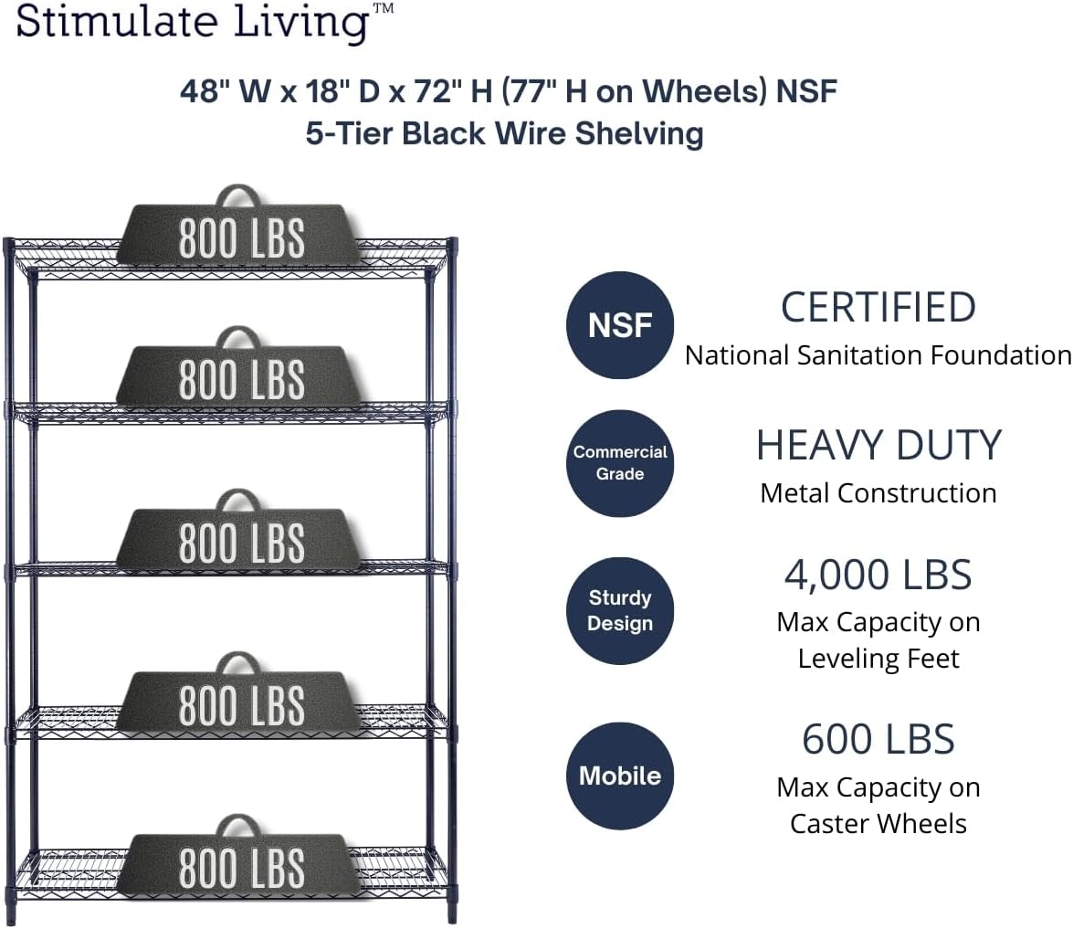 48"x18"x72" PRIME HEAVY DUTY Black 5-Tier Wire Shelving NSF 4000 LBS MAX Capacity Storage Rack for Commercial, School, Home, Garage, Warehouse, Industrial, and Hospital Uses (with Wheels)