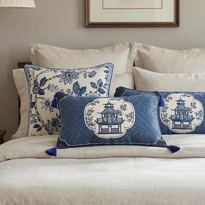 bilin gaier Designer Vintage Linen Throw Pillow Cover,20"x12"-Suqing B | Chinoiserie Elegant Rectangular Blue Pillow Cover,Concealed Zipper,Sofas,Bedroom,Living Room,Dining,Lounge Chairs