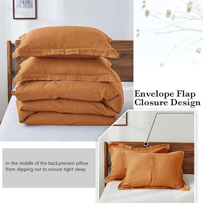 100% French Linen Pillow Shams Basic Style - Pack of 2 - Washed Solid Color Natural Flax Soft Breathable - Rust, 20'' x 26''
