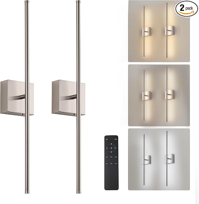 KARTOOSH Removable Battery Operated Wall Sconces with Remote Control, Stepless Colors 3000K-6000K & Dimming, 350°Rotate, LED Gold Wireless Wall Light for Living Room, Bedroom, 28.3 Inch (2 Pack)