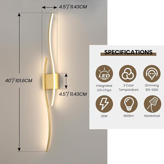 Modern LED Wall Sconce Set of Two with Remote Control, 40" Dimmable Wall Sconces Lighting Set of 2, Gold Wall Light with Timer, LED Wall Lamp Indoor for Bathroom Living Room Bedroom Corridor