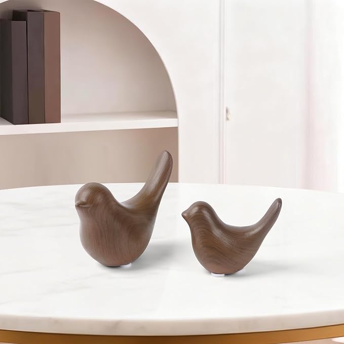 2 Pcs Ceramic Small Bird Figurines Modern Animal Statues for Home 、Room Decor and Bedroom Decor and Bookshelf Display (Dark Wood Grain)