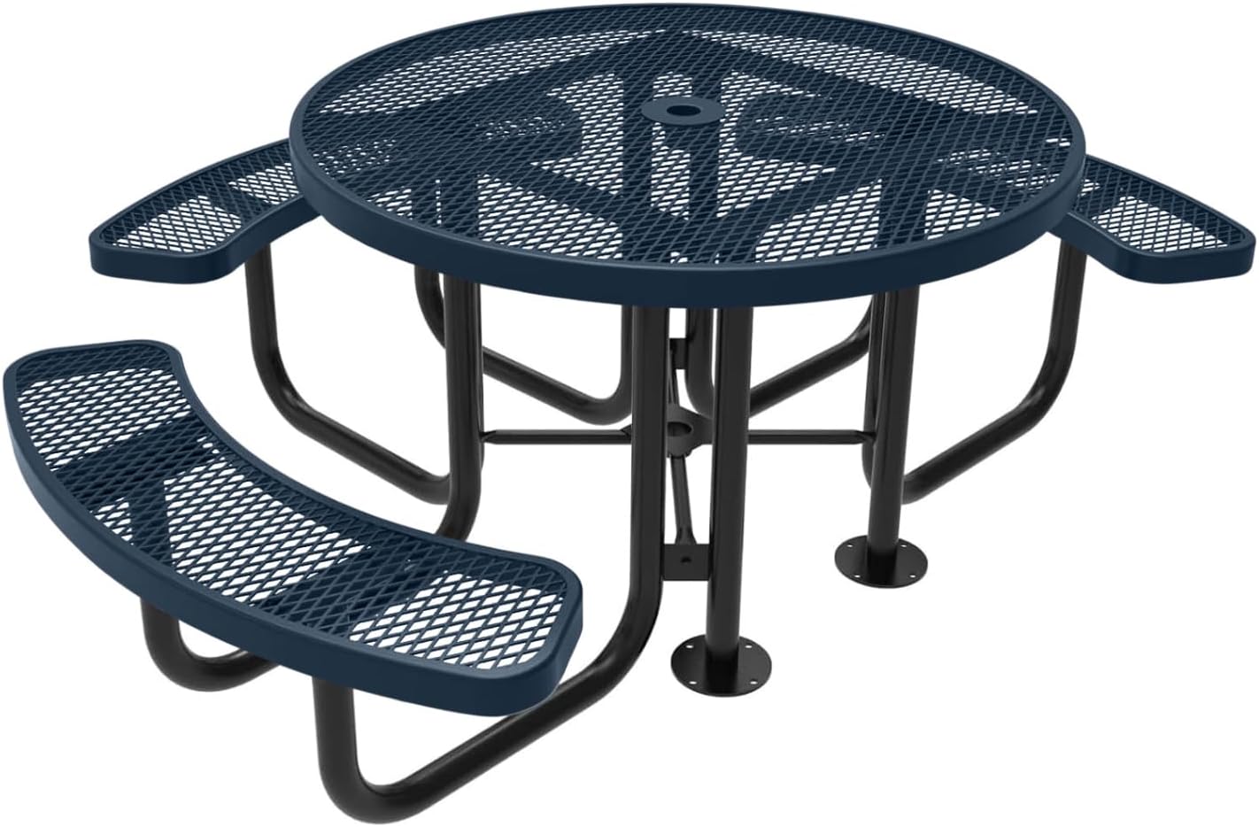 Heavy-Duty Portable Outdoor Picnic Table with Umbrella Hole, Expanded Metal Patio Dining Furniture Made in America (46" Round Top, Dark Blue)