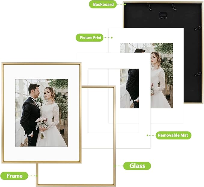 Golden State Art, Picture Frame Set 7 Pack, Gallery Wall Frame with One 11x14, Two 8x10, and Four 5x7. Aluminum Photos Frame for Wall or Tabletop Display (Style 1, Gold, 7 Pack)