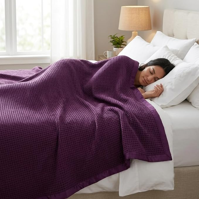 TreeWool Premium 100% Cotton Waffle Queen Blanket (90"x90", Plum) | Breathable Lightweight Moisture Wicking Soft Knit Thermal Blanket for Summer, Bed or Sofa All-season Comfort Machine Washable