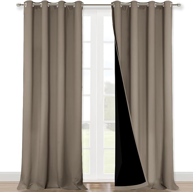 NICETOWN 100% Blackout Blinds, Laundry Room Decor Window Treatment Curtains for Large Patio Sliding Door, Thermal Insulated Taupe Curtains for Bedroom, Set of 2, 52 inches x 108 inches