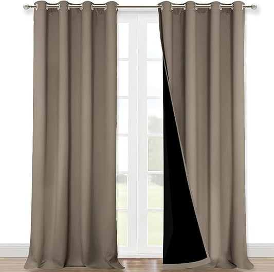 NICETOWN 100% Blackout Blinds, Laundry Room Decor Window Treatment Curtains for Large Patio Sliding Door, Thermal Insulated Taupe Curtains for Bedroom, Set of 2, 52 inches x 108 inches