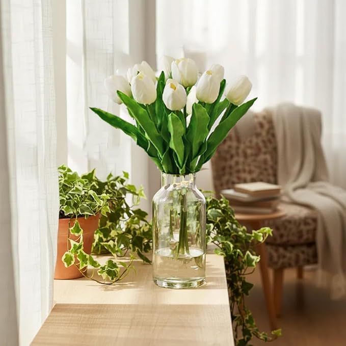 Mandy's White Artificial Tulips Flowers Centerpiece, 17.7" Lifelike PU Fake Floral Stems 6pcs for Kitchen Island & Dining Table, Spring Decor for Easter