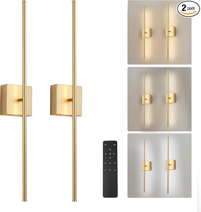 KARTOOSH Removable Battery Operated Wall Sconces with Remote Control, Stepless Colors 3000K-6000K & Dimming, 350°Rotate, LED Gold Wireless Wall Light for Living Room, Bedroom, 40.1 Inch (2 Pack)