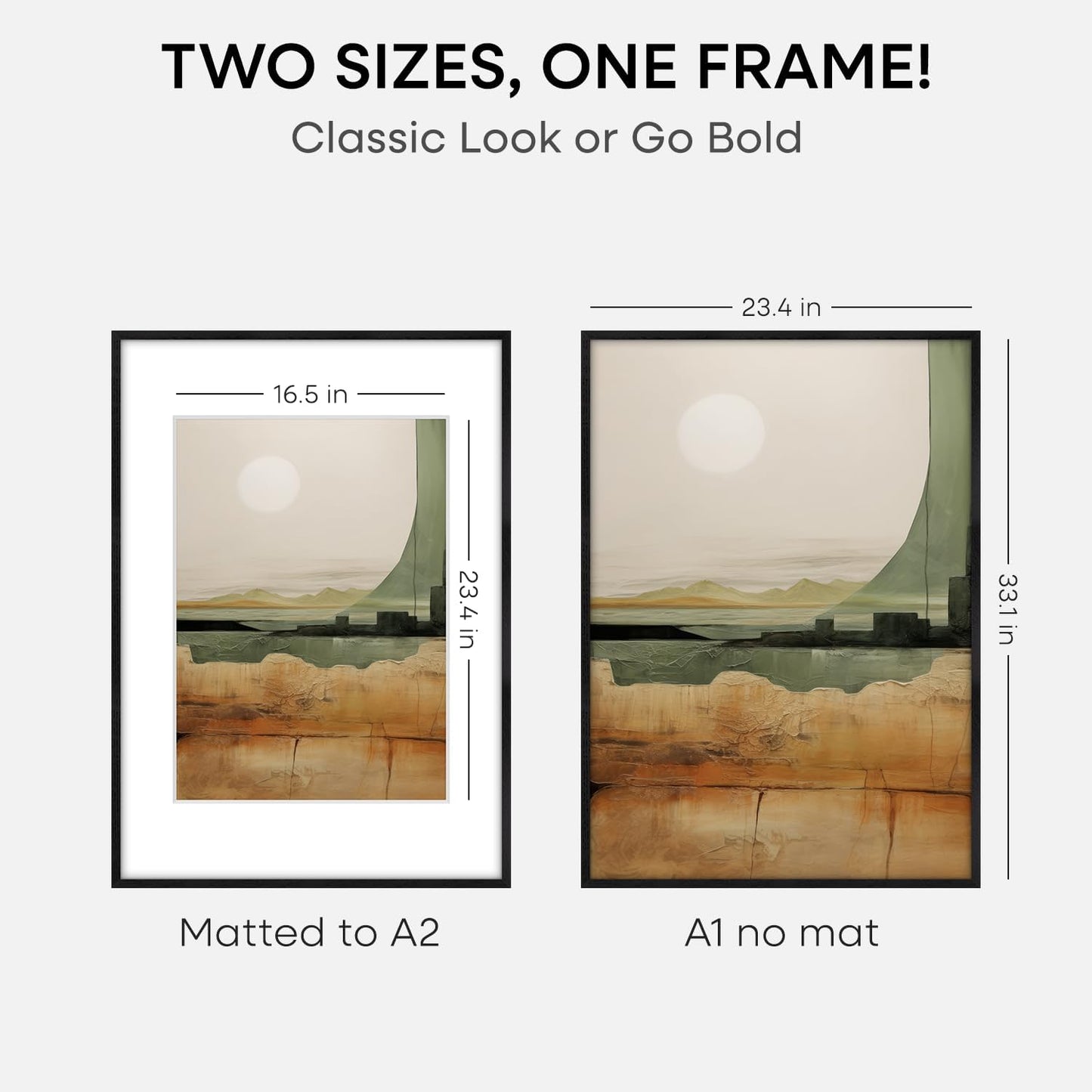 Homeforia Black Wood A1 Frame, High End Oak 23.4 x 33.1 Black Wooden Poster Frames Matted to 16.5 by 23.4 inches Photo, A1 Size Large Wood Picture Frame with Mat A2, Tempered Glass, Wall Kit, Set of 1