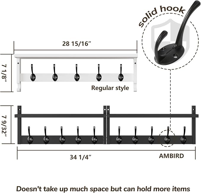 AMBIRD 34.2" Extra Long Wooden Wall Hook Rack with Shelf - Versatile and Decorative Wall-Mounted Storage with 10 Hooks for Coats, Hats, Keys - Ideal for Entryways, Bedrooms, Closets (Stylish Black)