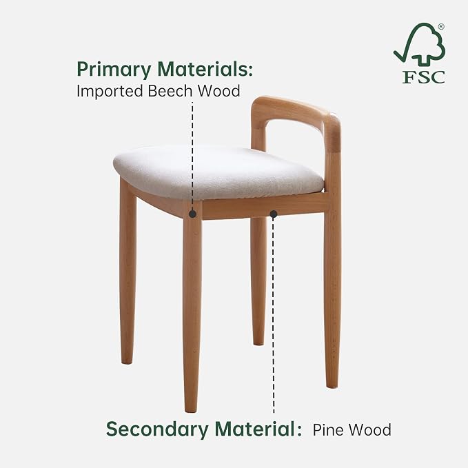 Vanity Stool-Natural Beech Wood Vanity Chair, Wooden Chair for Vanity with Upholstered Cushions for Living Room, Bedroom, White