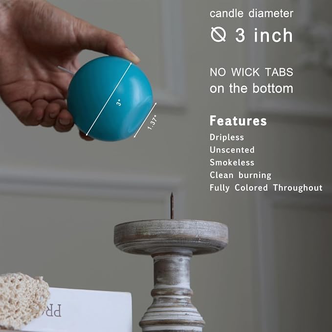 MOZEAL Hand-Poured, 3 Inch Turquoise Round Ball Candles - Elegant Teal Round Pillar Candles Set of 3, Dripless, Unscented, Smokeless, Ideal for Summer Parties.