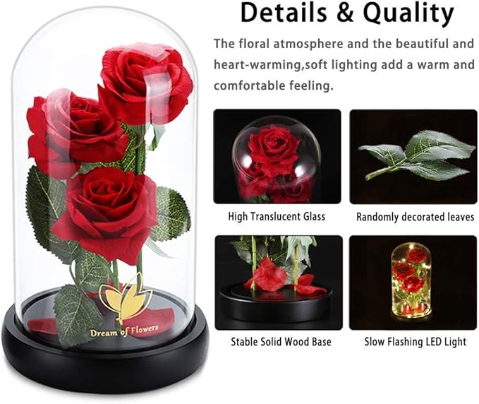 Beauty and The Beast Rose Valentines Day Gifts for Her, Birthday Gifts for Women, Light Up Roses, Glass Dome Rose with LED Lights, Red Roses, Valentines Mother Women's Gift for Mom Wife Girlfriend