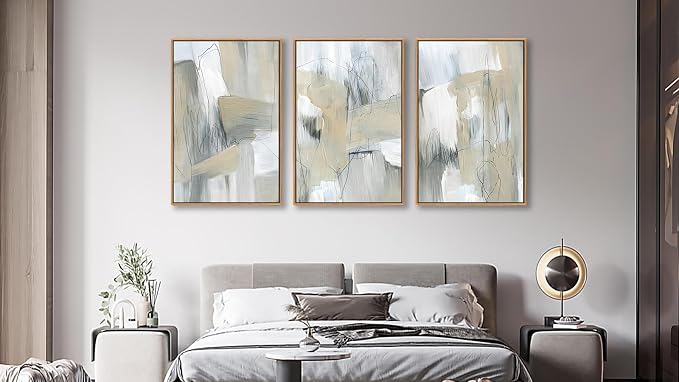 Large Framed Abstract Wall Art for Living Room Decor, Beige, 24X36inX3pcs, Neutral Abstract Painting Artwork Wall Picture, Modern Wabi-sabi Canvas Art Prints for Bedroom Bathroom Office Home