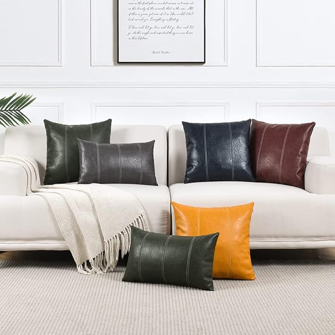 Fancy Homi Navy Blue Lumbar Waterproof Faux Leather Decorative Throw Pillow Covers 12x20 Inch for Outdoor Couch Bed, Modern Farmhouse Boho Home Decor, Blue Hand Stitched Cushion Case 30x50 cm