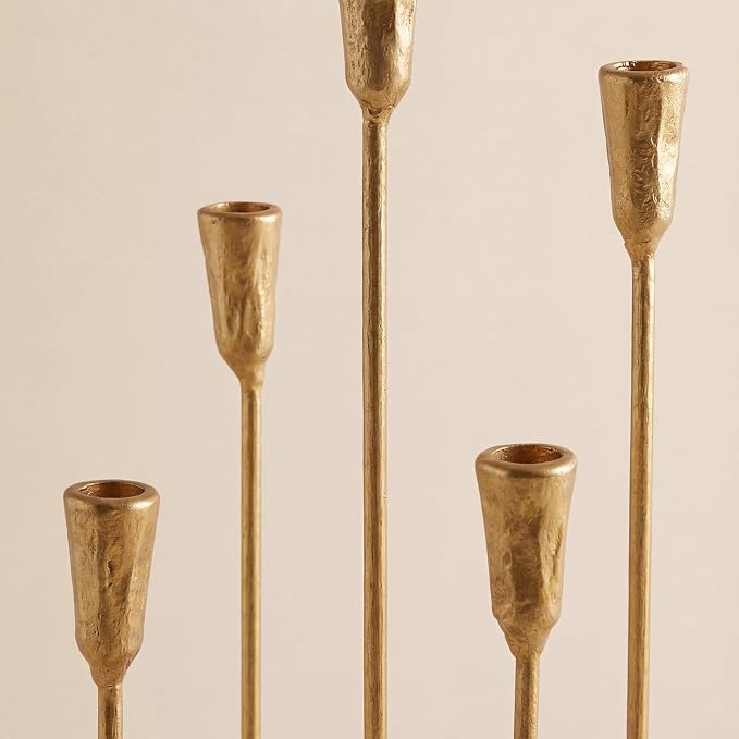 5-Arm Gold Candelabra Candle Holder Detachable Metal Taper Candleholders 17.5” Tall Cast Iron Candlestick Holders for Wedding Centerpiece Dining Table Party Home Decor Events