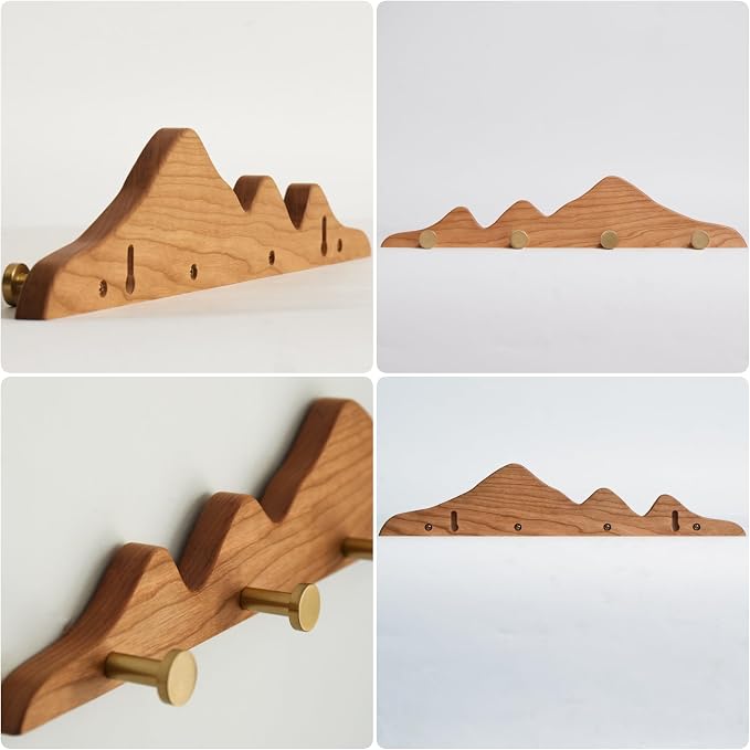 Elegant Wall Coat Rack with Hooks Cherry Wood Solid Coat Hanger Wall Mount with 4 Brass Hooks, Moisture-Resistant Wax Oil Finish for Home (Cherry, 4 Hooks)