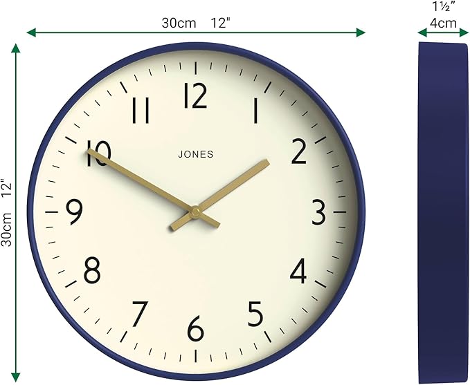 JONES CLOCKS® Studio wall Clock | Modern Round Style | 12 inch | Dark Navy Blue | Easy to Read Numbers | Versatile Design for Kitchen, Living Room or Office