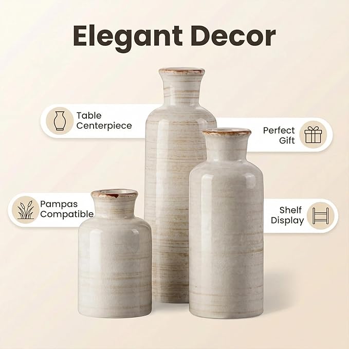 CwlwGO- Ceramic Rustic Vase 3 Piece Set,Small vase for Country Home Decoration,Modern Farmhouse Decor, Living Room Table Decoration, Bookcase, Fireplace and Entrance Decorations.(White)