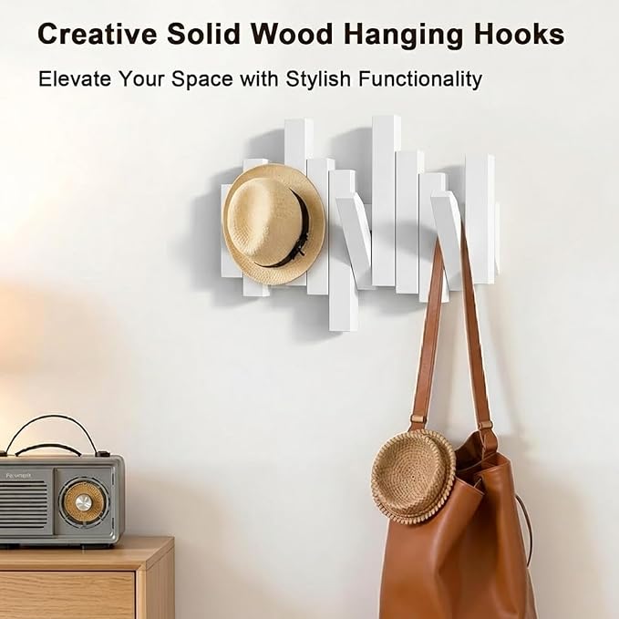 Modern Wooden Coat Rack, key holder wall mount– Handmade Solid Walnut Flip Hook Rack with Hidden Mount, Decorative Entryway Wall Hooks for Coats, Bags & Hats, Space-Saving Design (White, 3Hooks)
