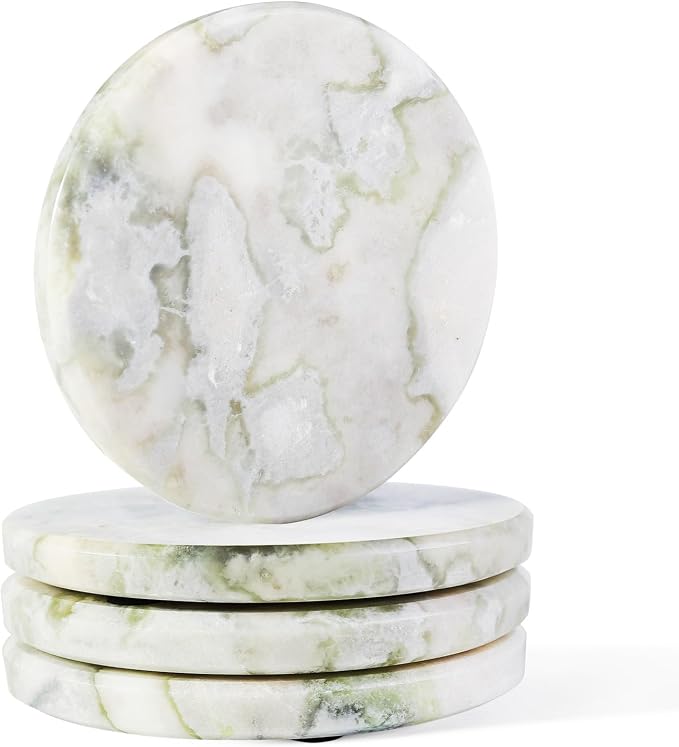 Koville Marble Coaster Set of 4, Round White Coasters, 4" Cup Coasters for Drinks, Heat Resistant Coaster for Coffee Table Home Office Bar Decor(Bianco Palomino)