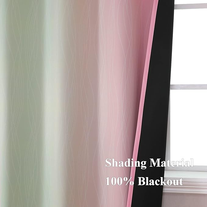 Estelar Textiler Sage Green and Pink Ombre Blackout Curtains 96 Inches Long for Bedroom, Thermal Insulated Full Light Blocking Grommet Gradient Blackout Drapes for Living Room, 52Wx96L, 2 Panels