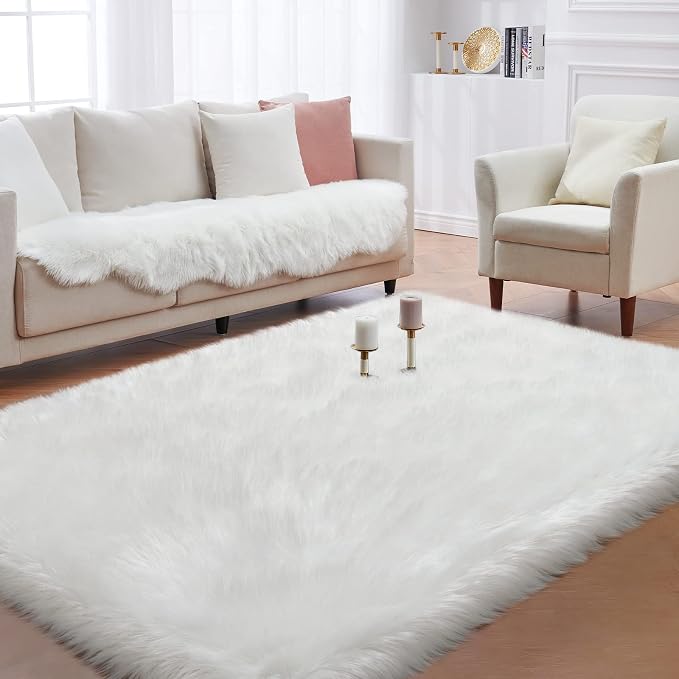 Fluffy Area Rug, White Faux Fur Rug for Bedroom 3'x5' Soft Shag Fuzzy Rugs for Living Room, Furry Bedside Nursery Rug Plush Indoor Floor Carpet for Kids Room Teen Dorm
