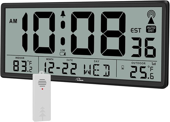 WallarGe Atomic Clock with Indoor Outdoor Temperature - Easy to Read - Self Setting, 14.5'' Jumbo Auto Set Digital Wall Clock Battery Operated