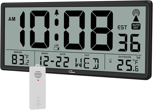 WallarGe Atomic Clock with Indoor Outdoor Temperature - Easy to Read - Self Setting, 14.5'' Jumbo Auto Set Digital Wall Clock Battery Operated