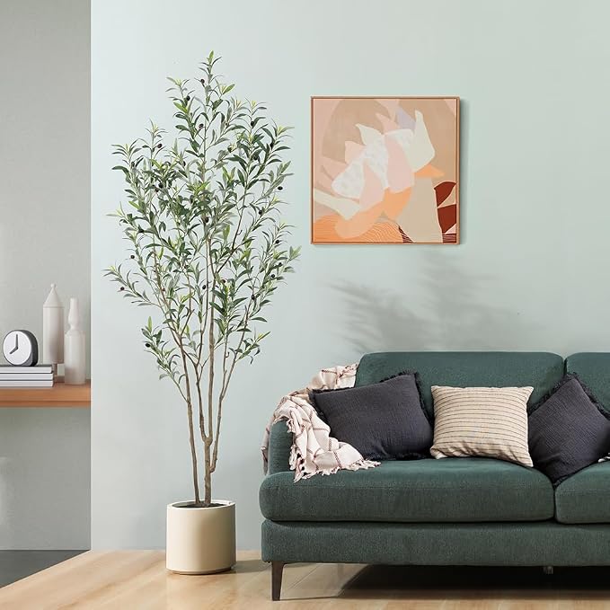 LOMANTO Artificial Olive Trees, 7 ft Tall Fake Olive Trees for Indoor | Faux Olive Silk Tree with White Planter,Large Olive Plants for Home Decor and Housewarming Gift, 1 Pack