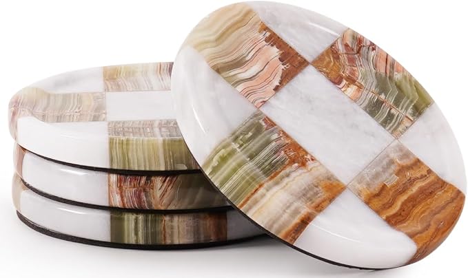 Marble Coasters Set of 4, White & Green Onyx Handmade 4 inch Round Stone Coaster, Decorative Cup Coaster Plates for Dining Table, Housewarming Gift & Luxury Kitchen Accessories