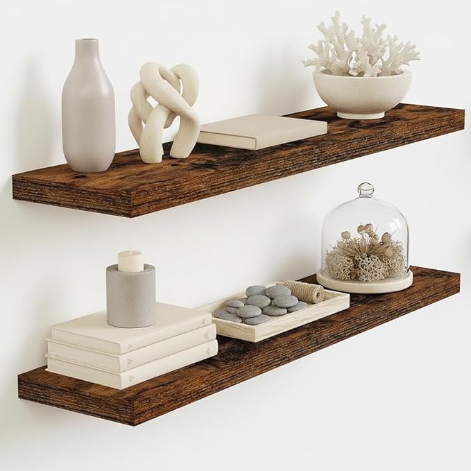 Vivelove Floating Shelves for Wall Mounted, 32 Inches Long Shelves, Display Shelf for Bathroom Living Room Kitchen Bedroom Office Farmhouse Home Decor, 32" X 9.3" X 1.5" - Set of 2, Rustic Brown